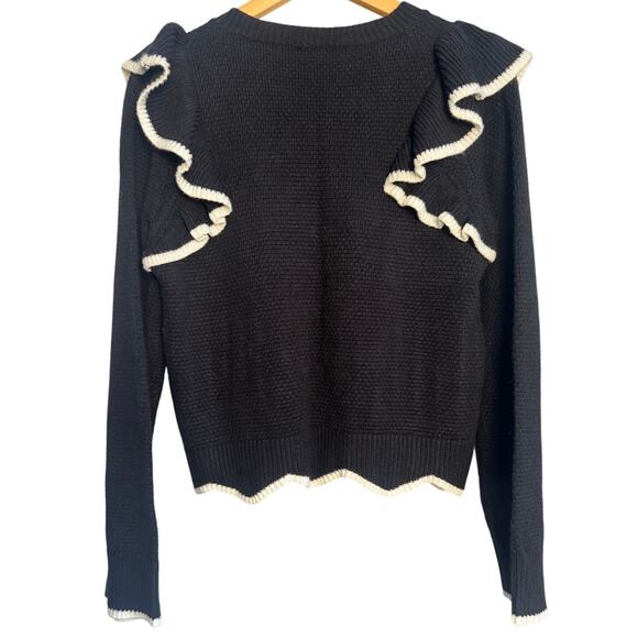 Entro Black Sweater Small Ruffle Trim Knit Top Contrast Cream Edges - Picture 2 of 5
